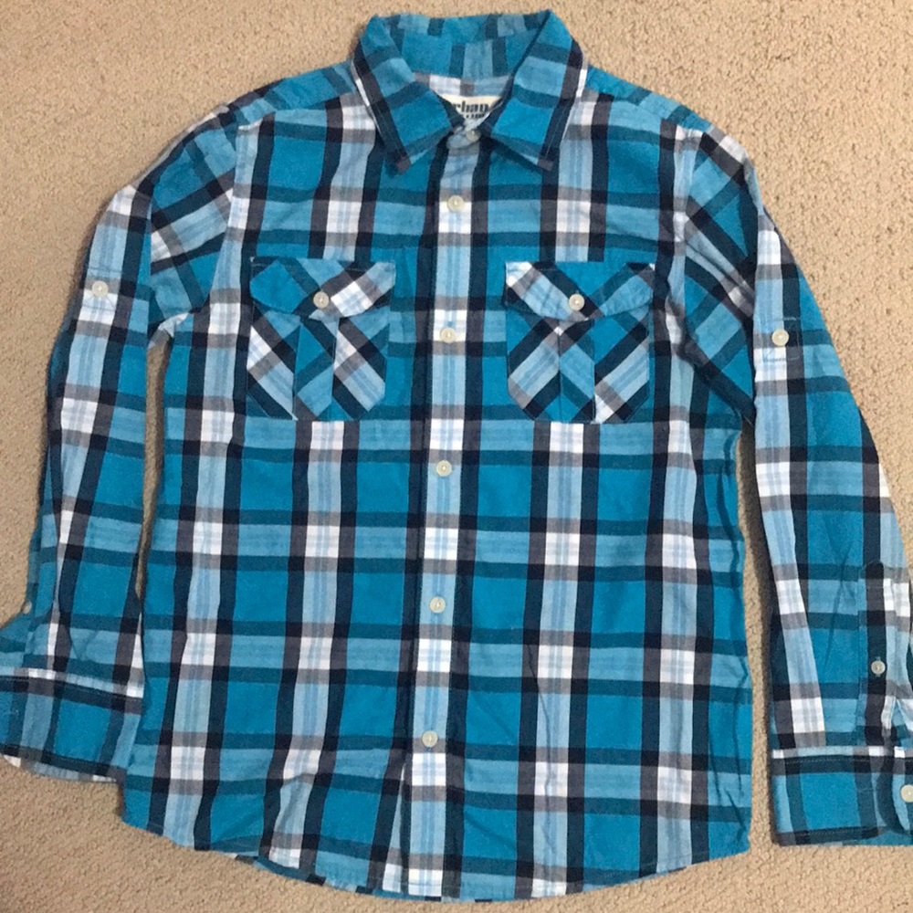 Blue plaid button up m boy fall church